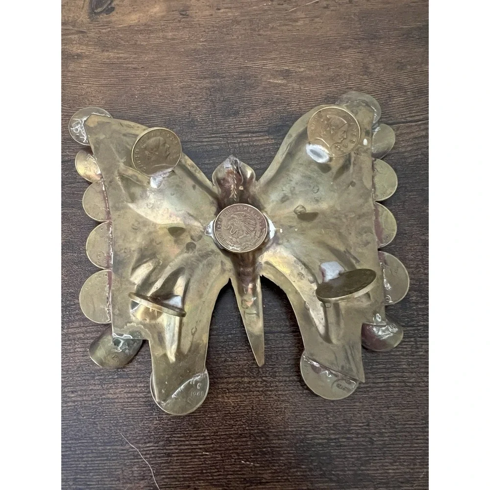 Vintage Brass Butterfly‎ Ashtray Mexican Coin Cigarette Rests 1960s 1970s